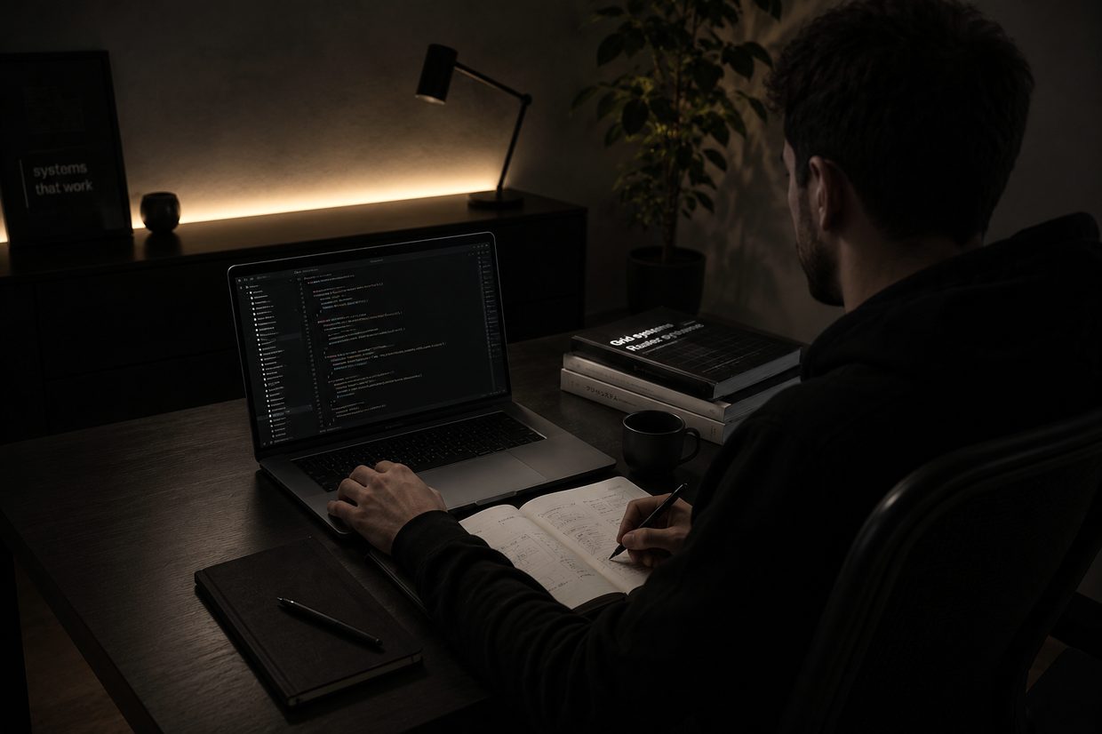 Ο χώρος εργασίας της quasar: laptop με κώδικα, σημειώσεις, φως λάμπας.